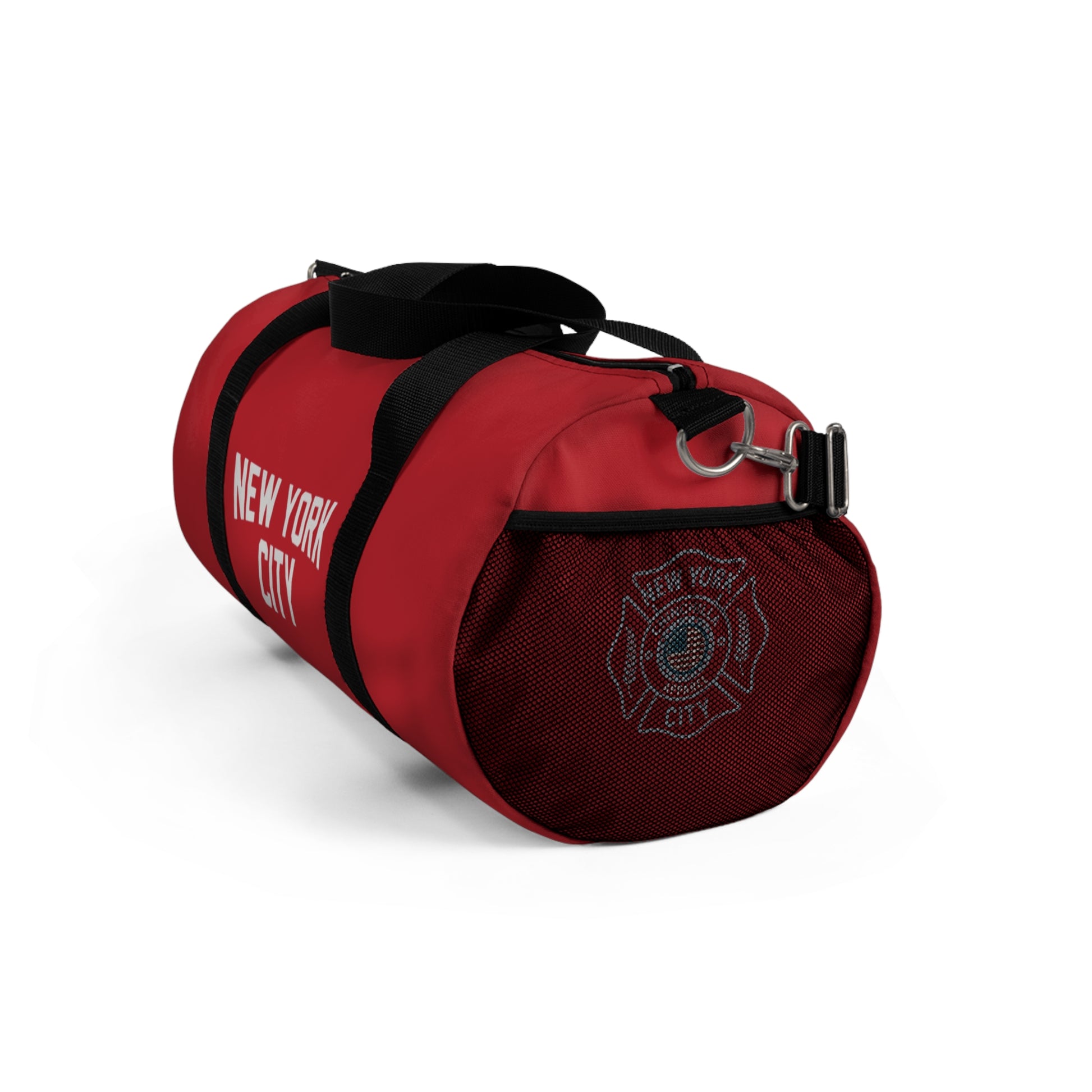 Red duffel bag with 'New York City' text and logo on a white background