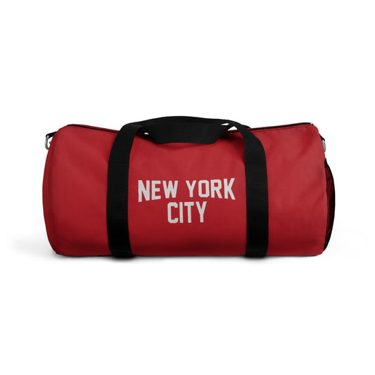 Red duffel bag with 'New York City' text on a white background