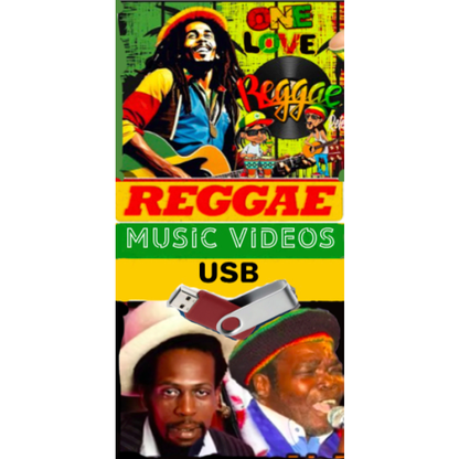 A USB drive with a label that reads 'Reggae Music Videos USB' and features an illustration of a smiling man with a guitar and the text 'ONE LOVE' in the background, along with other reggae-themed graphics.