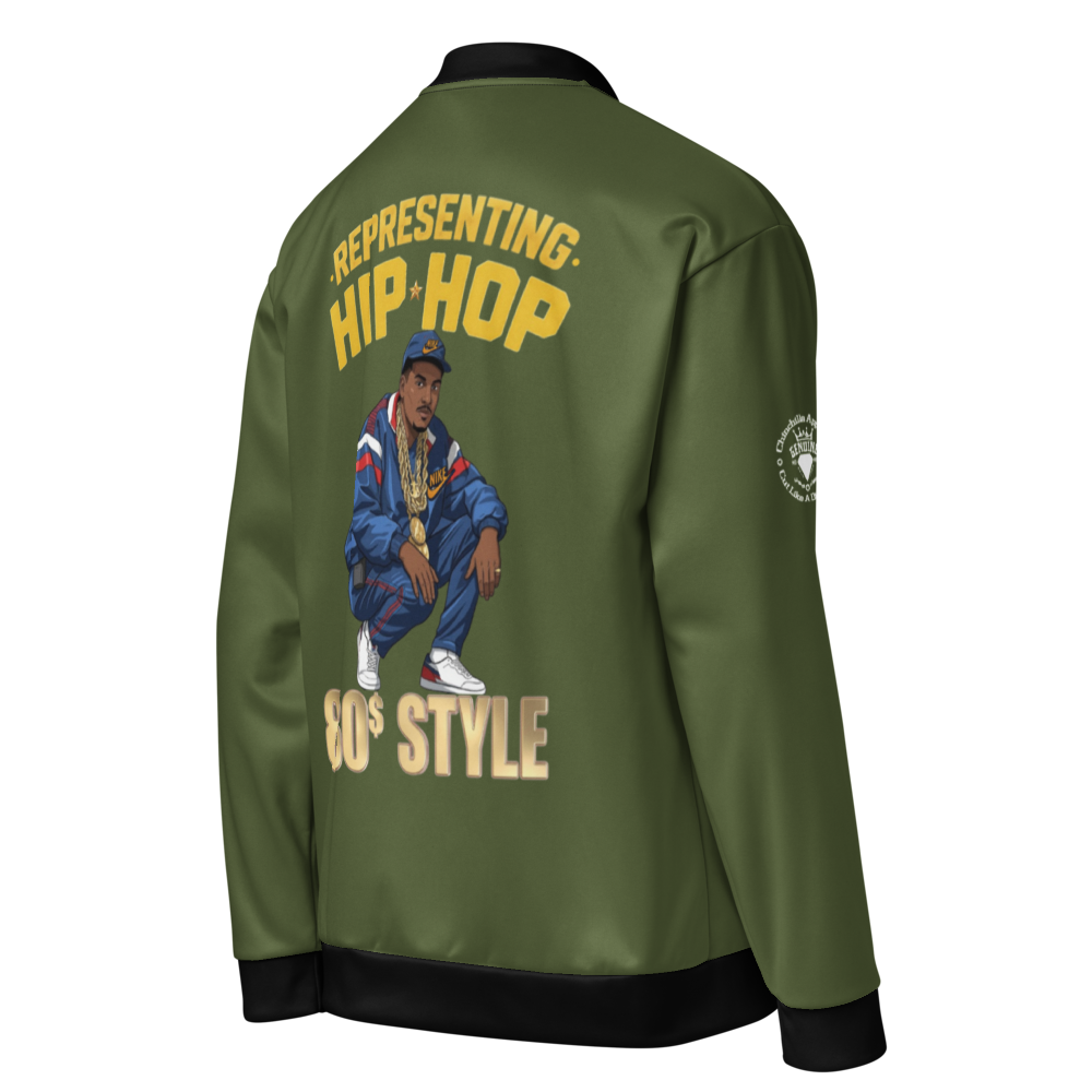Green jacket with a graphic of a person and text on the back, on a white background