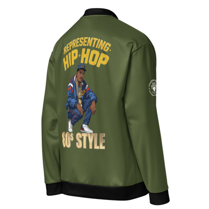 Green jacket with a graphic of a person and text on the back, on a white background
