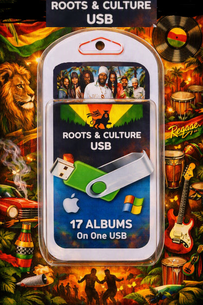 A Roots & Culture USB flash drive in retail packaging, featuring a green and silver swivel drive with a printed insert card. The packaging prominently displays the text 'ROOTS & CULTURE USB' and '17 ALBUMS On One USB' alongside the Apple logo, set against a highly detailed, vibrant Rastafarian-themed collage background with lions, drums, and musical instruments.