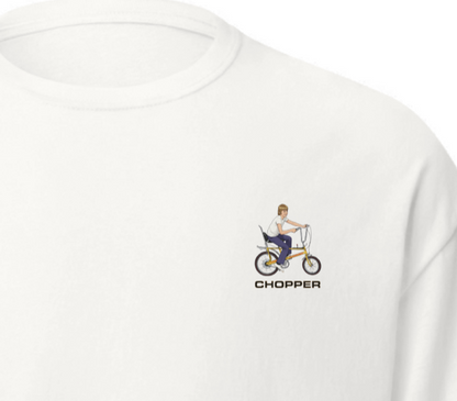 White t-shirt with a small graphic of a person on a bike and 'Chopper' text on a white background