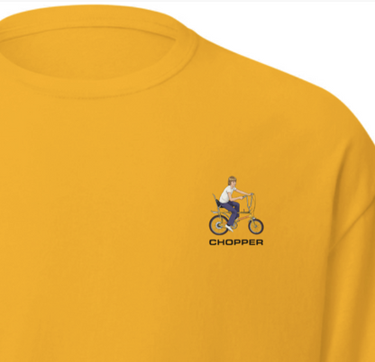 Yellow t-shirt with a small graphic of a person on a chopper bike and 'CHOPPER' text.