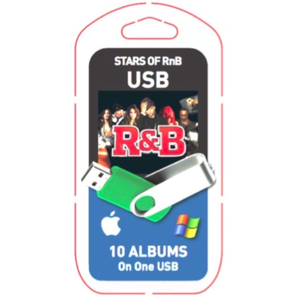 A USB flash drive with a label featuring the text 'Stars of RnB USB' and a green Apple logo, indicating that it contains 10 RnB albums.