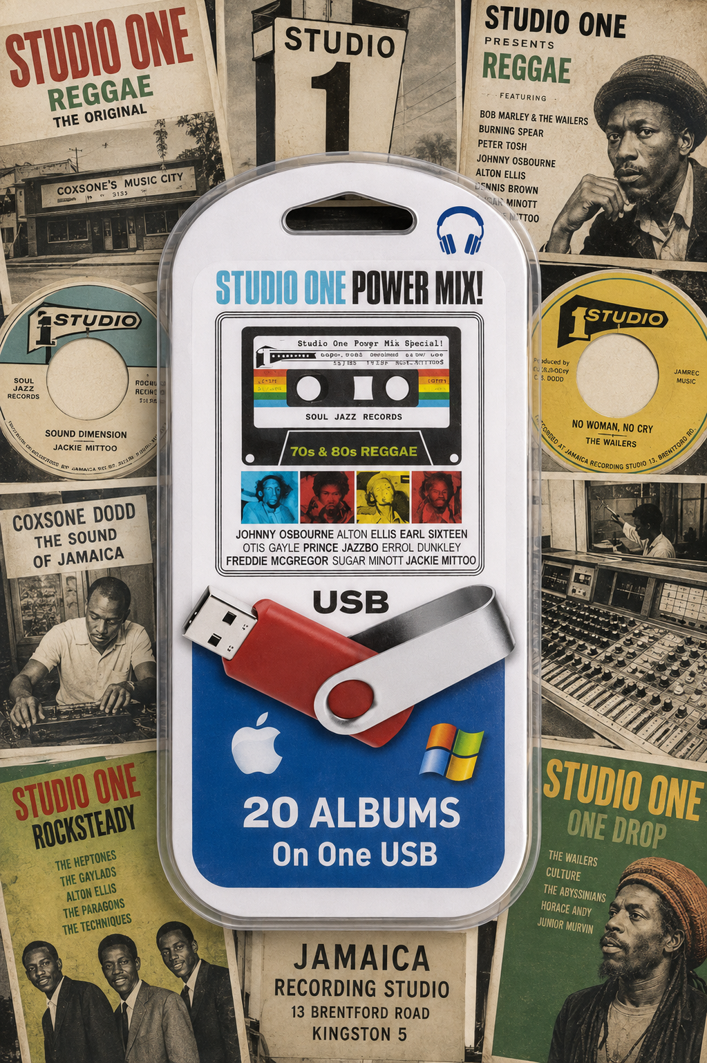 A USB flash drive packaged in a white plastic case labeled 'Studio One Power Mix!' with a cassette graphic, rainbow stripe detail, and text reading 'USB', '20 Albums On One USB', set against a collage of vintage Studio One reggae album covers.