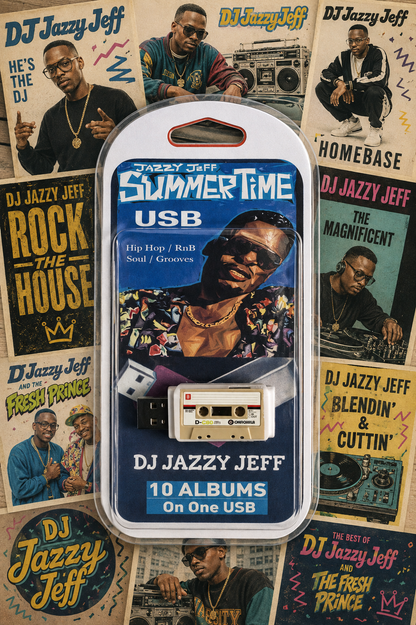 A packaged USB flash drive labeled 'DJ Jazzy Jeff Summertime USB' with a cassette graphic and text reading '10 Albums On One USB,' centered over a collage of DJ Jazzy Jeff album posters.