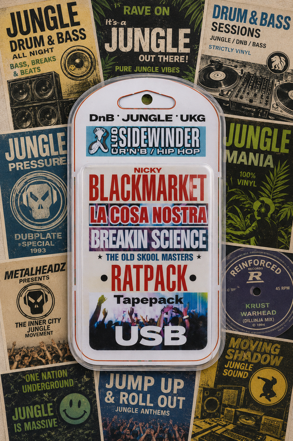A USB digital music sampler pack in a white plastic clamshell package labeled 'DnB + JUNGLE + UKG The Sidewinder DRUM + BASS SESSIONS' and 'NICKY BLACKMARKET LA COSA NOSTRA BREAKIN SCIENCE THE OLD SKOOL MASTERS RATPACK Tapetrack USB'. The package is centered over a collage of vintage-style jungle music posters and records.