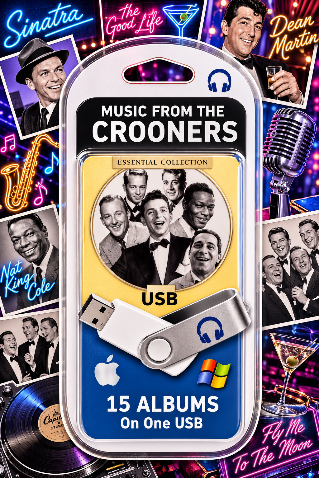 A USB flash drive in retail packaging labeled 'Music From The Crooners Essential Collection,' with a visible Apple logo and Windows logo. The package is centered over a colorful collage of vintage music posters, photos, a record label, and neon-style graphics.