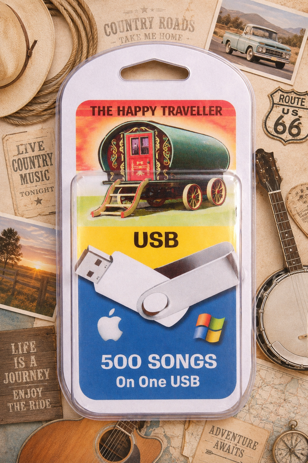 A packaged USB flash drive labeled 'The Happy Traveller' with a colorful retro design showing a green covered wagon, a white USB stick, and text reading '500 Songs On One USB.' The package is photographed flat against a collage background with vintage road signs, a guitar, and musical instruments.
