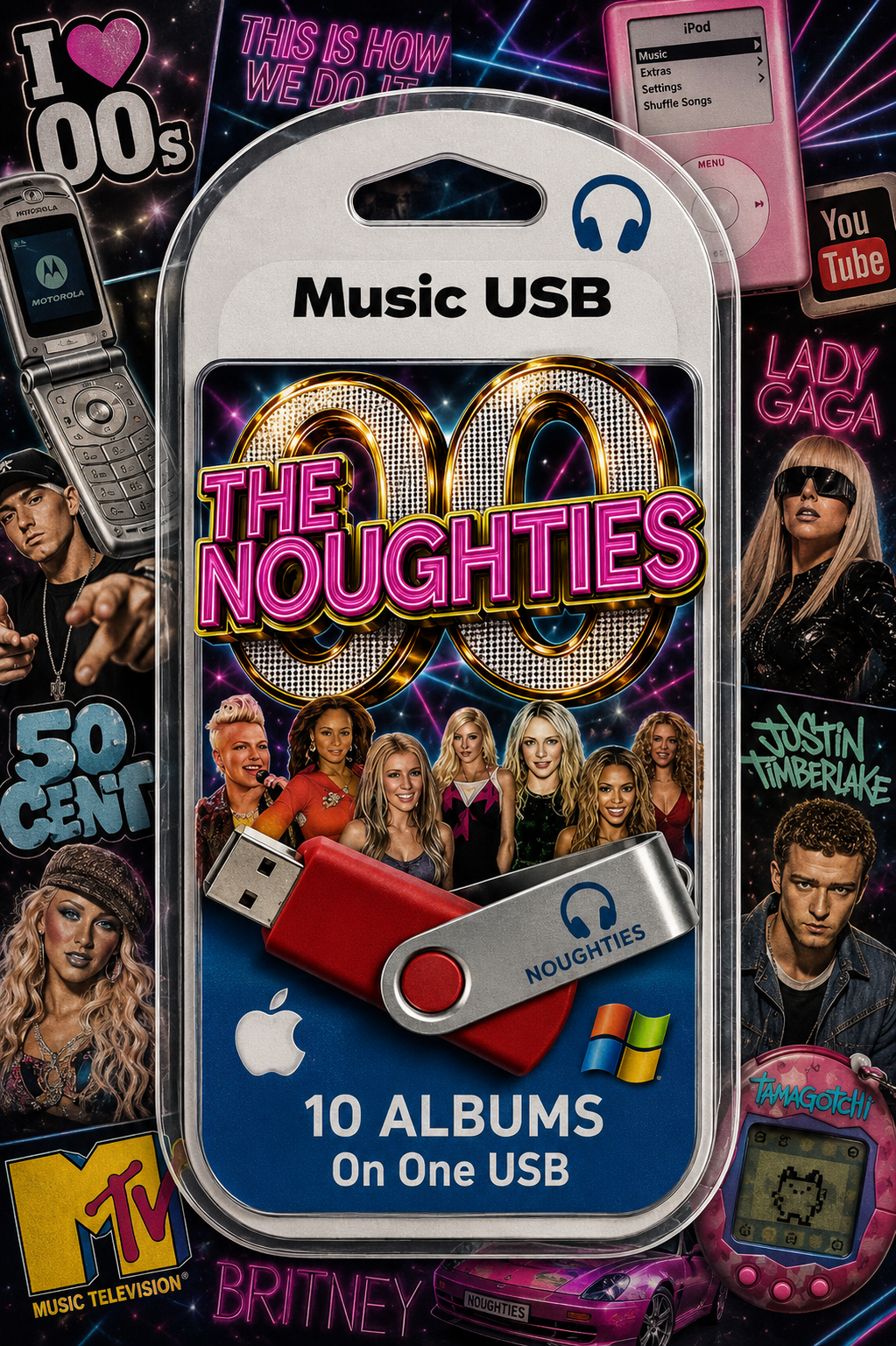 A USB flash drive package labeled 'Music USB' and 'The Noughties 10 Albums On One USB,' shown in clear blister packaging with a collage of 1990s music imagery and pop culture references around it.