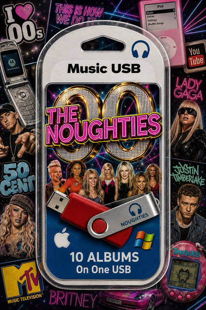 A USB flash drive package labeled 'Music USB' and 'The Noughties 10 Albums On One USB,' shown in clear blister packaging with a collage of 1990s music imagery and pop culture references around it.