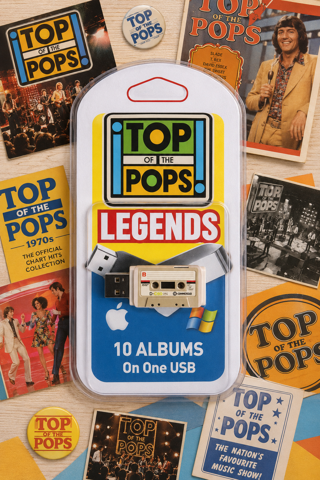 Top of the Pops Legends USB flash drive in its original blister packaging, surrounded by various Top of the Pops album covers on a light wood background.