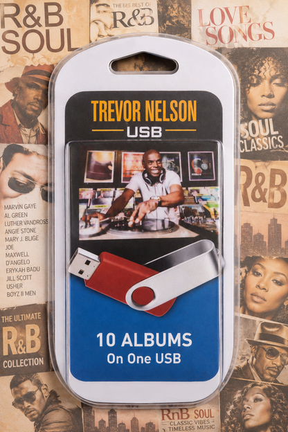 A Trevor Nelson USB flash drive package displayed on a collage background of R&B and soul music posters. The package contains a red and silver USB flash drive and advertises '10 ALBUMS On One USB'.