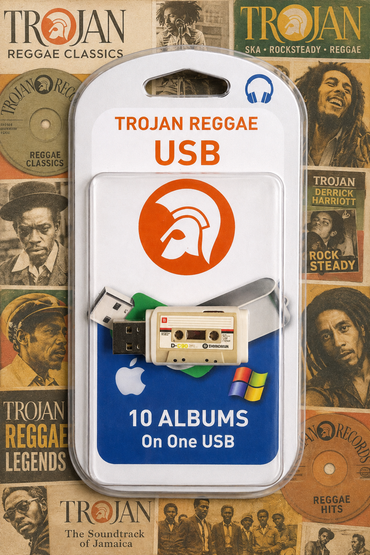 Trojan Reggae USB drive in retail packaging, featuring a cassette-style USB flash drive with a silver handle and a white cassette body. The package is labeled 'TROJAN REGGAIE USB' with '10 ALBUMS On One USB' and includes a blue Windows logo, indicating Windows compatibility.