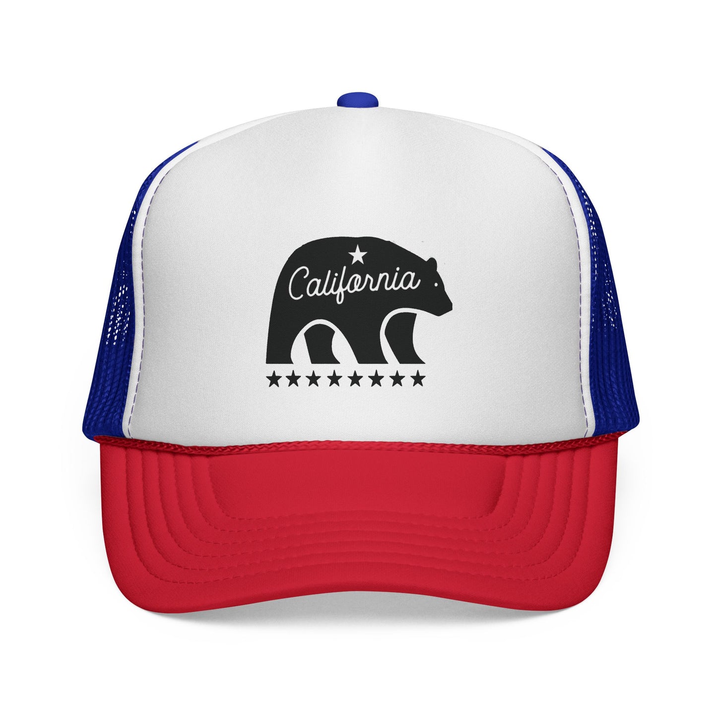 Trucker hat with California bear design on a white background