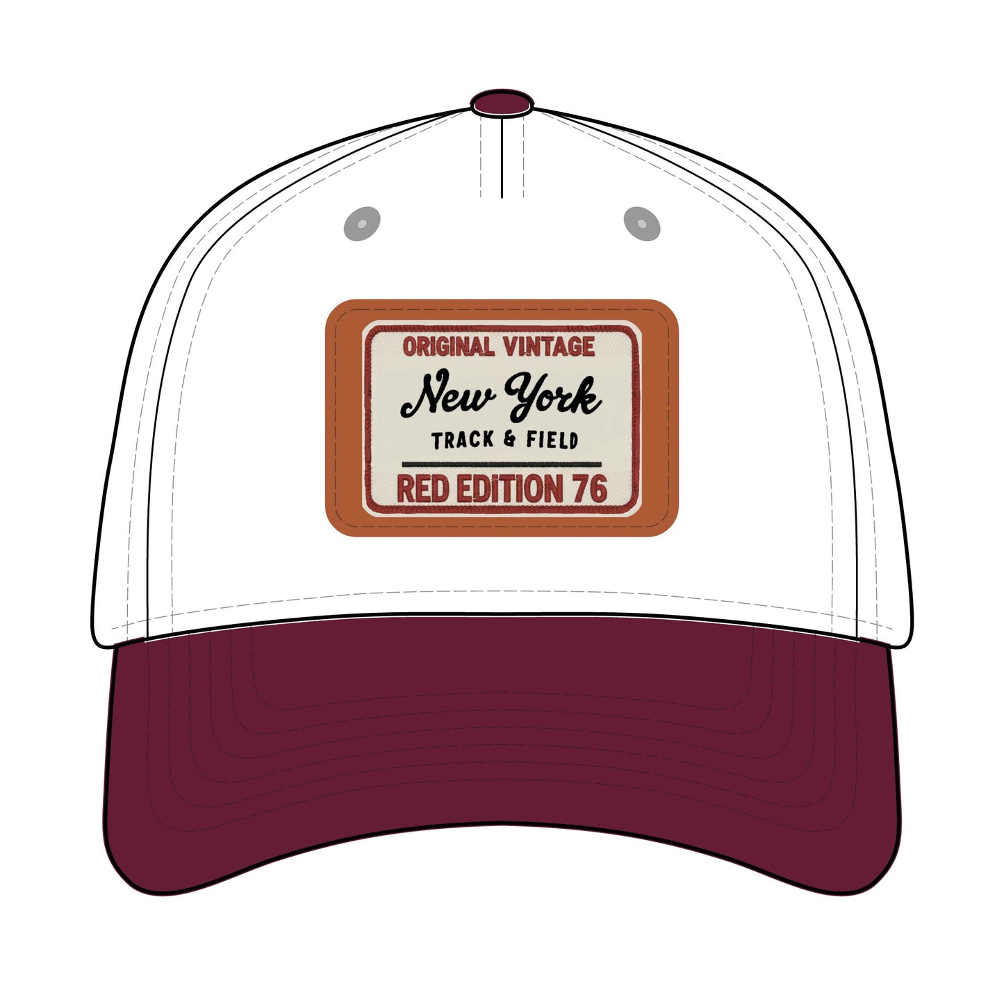 Trucker hat with a vintage-style label on a white background