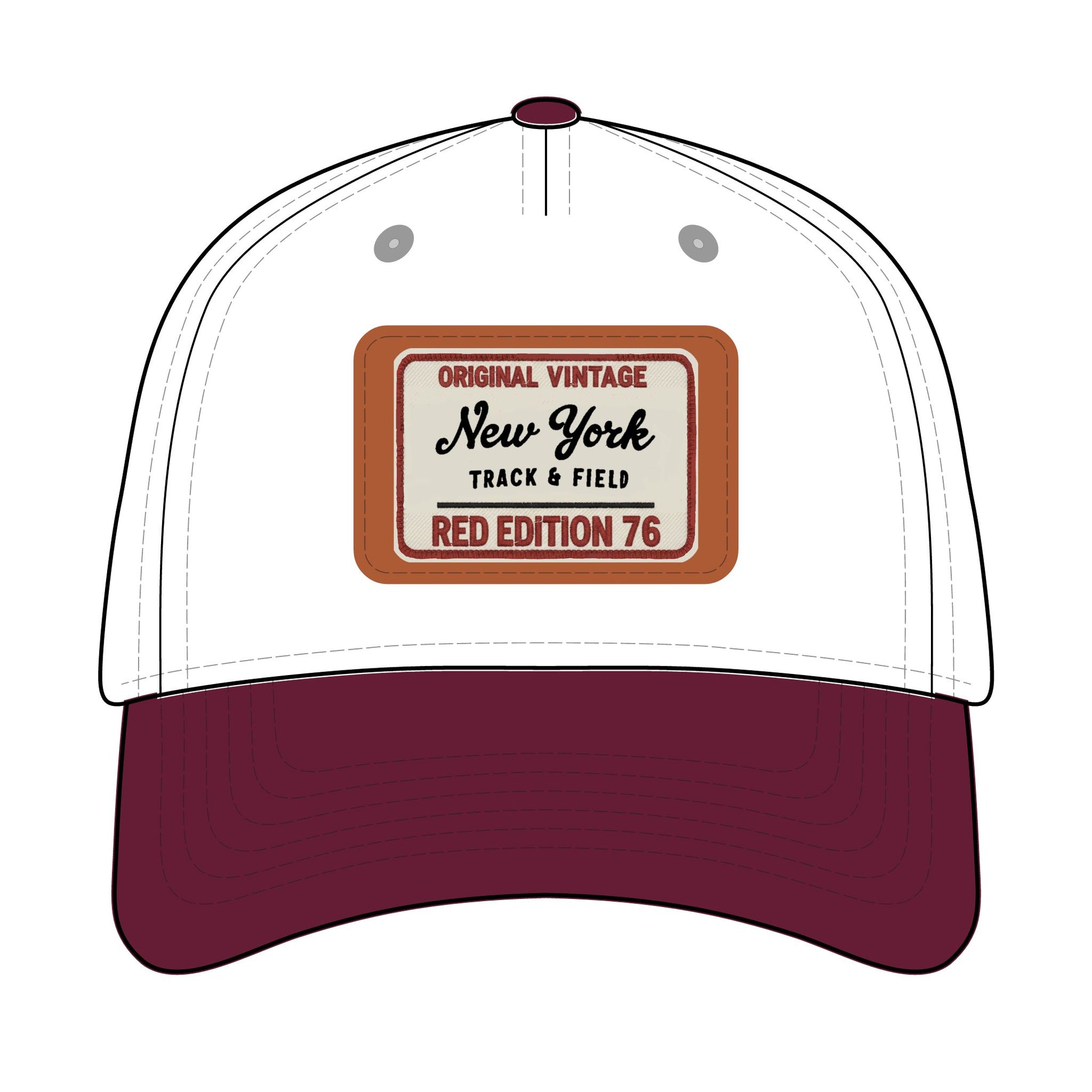 Trucker hat with a vintage-style label on a white background