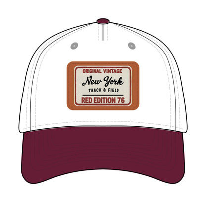 Trucker hat with a vintage-style label on a white background