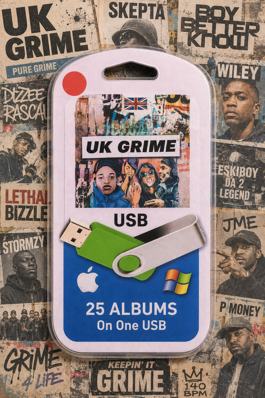 A USB flash drive packaged in a white plastic sleeve with a printed cover featuring the text 'UK Grime' and album collage artwork, plus a green and silver USB connector shown on the front. The sleeve is centered over a collage background of music posters and portraits.