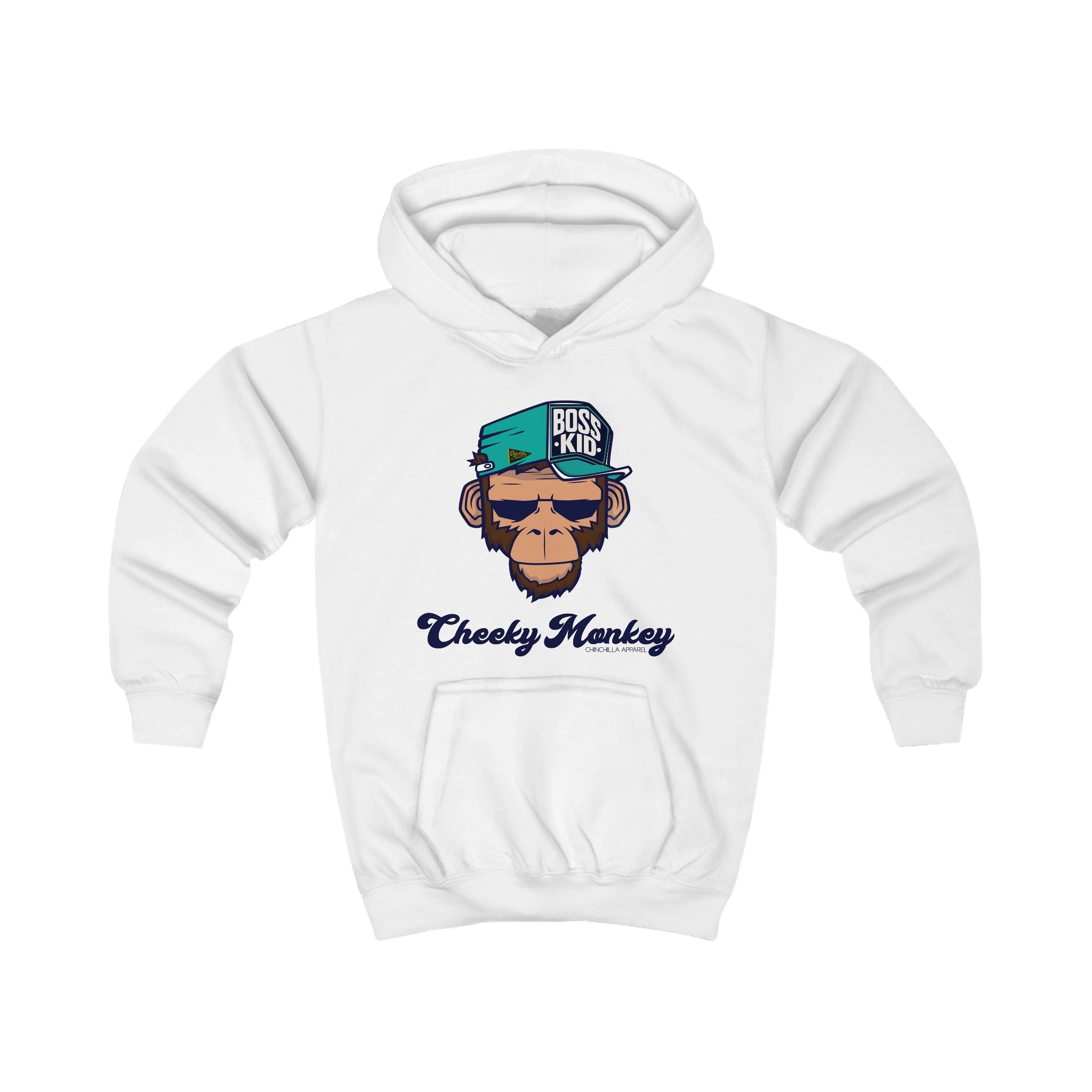 White hoodie with monkey graphic and text on a white background