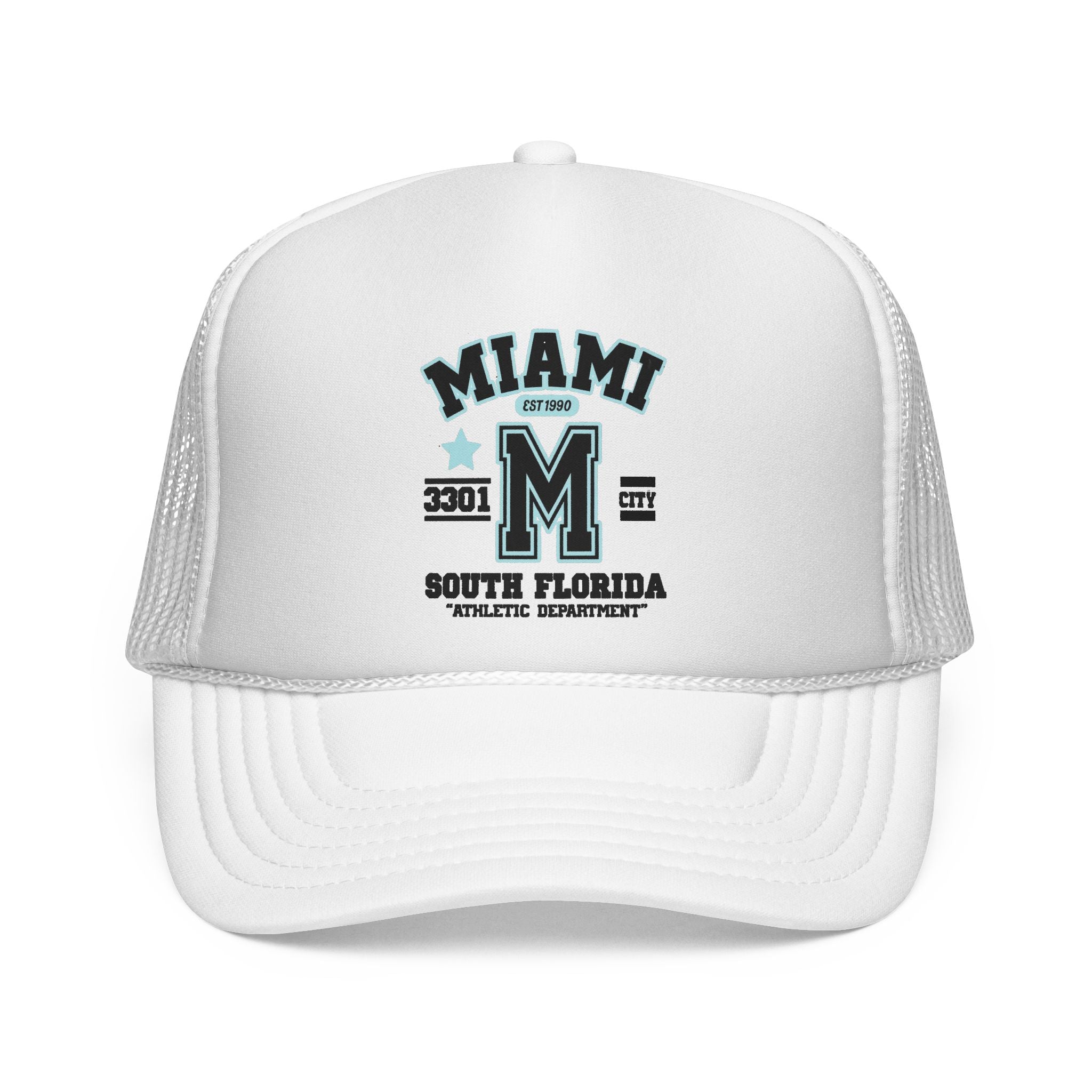 White trucker cap with 'Miami South Florida' text and logo on a white background