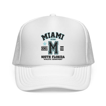 White trucker cap with 'Miami South Florida' text and logo on a white background