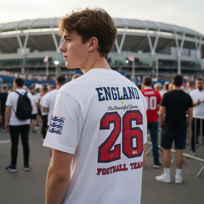 Person wearing an England football team jersey with number 26 at a stadium.