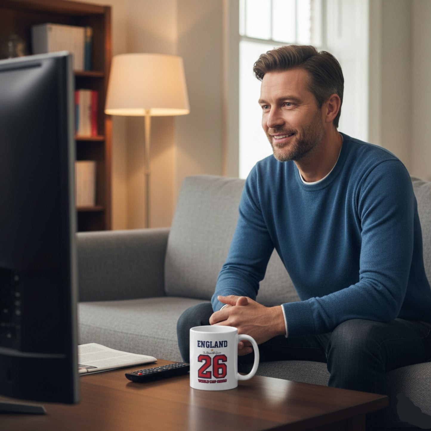 Man sitting on a couch holding a mug with a TV in front of him