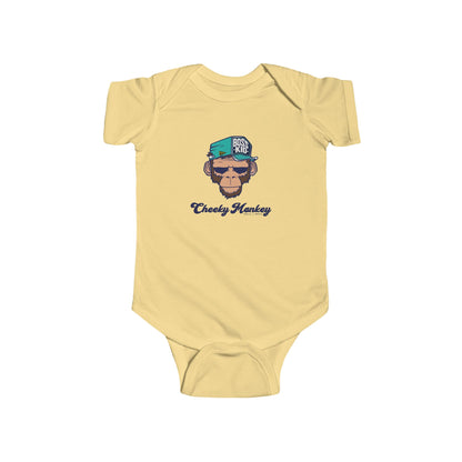 Yellow baby onesie with a monkey graphic and text on a white background