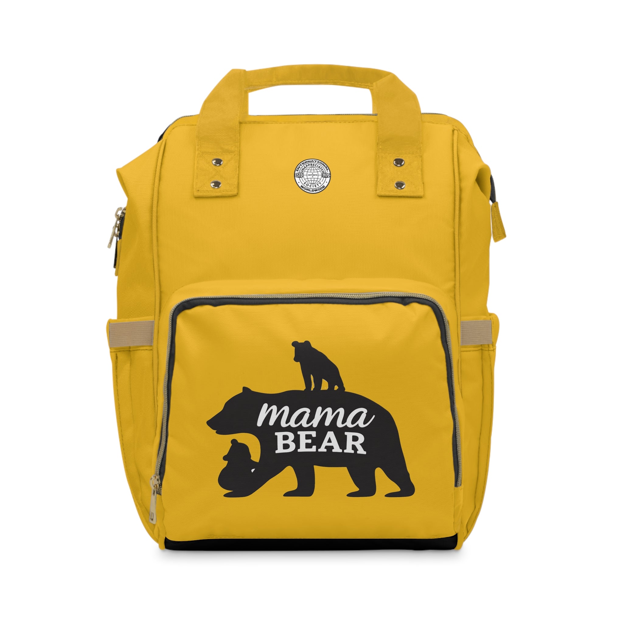 Yellow backpack with 'mama bear' design on a white background