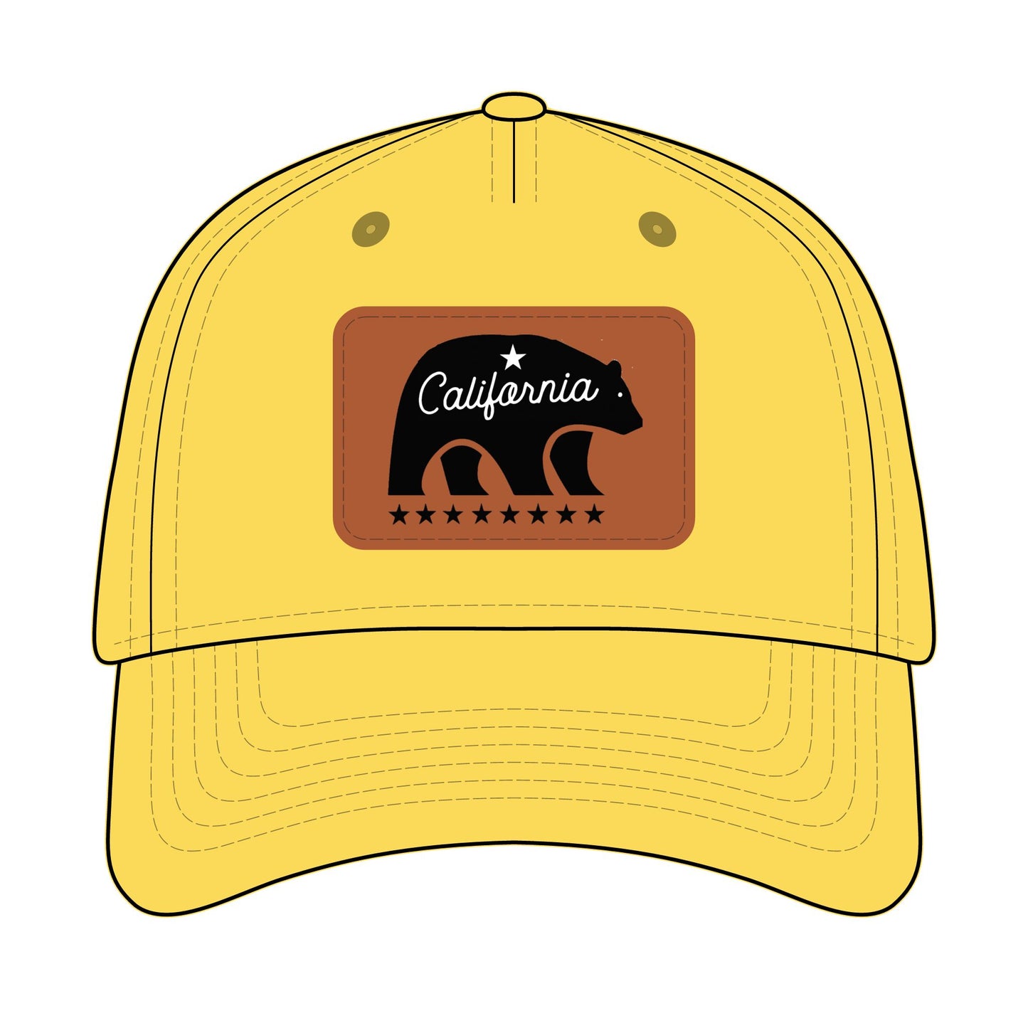 Yellow cap with a bear and 'California' logo on a white background