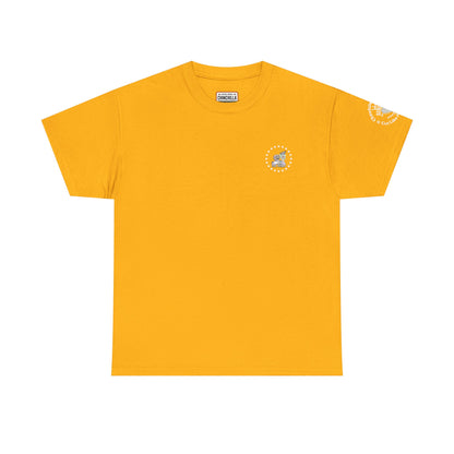 Yellow t-shirt with a small logo on a white background