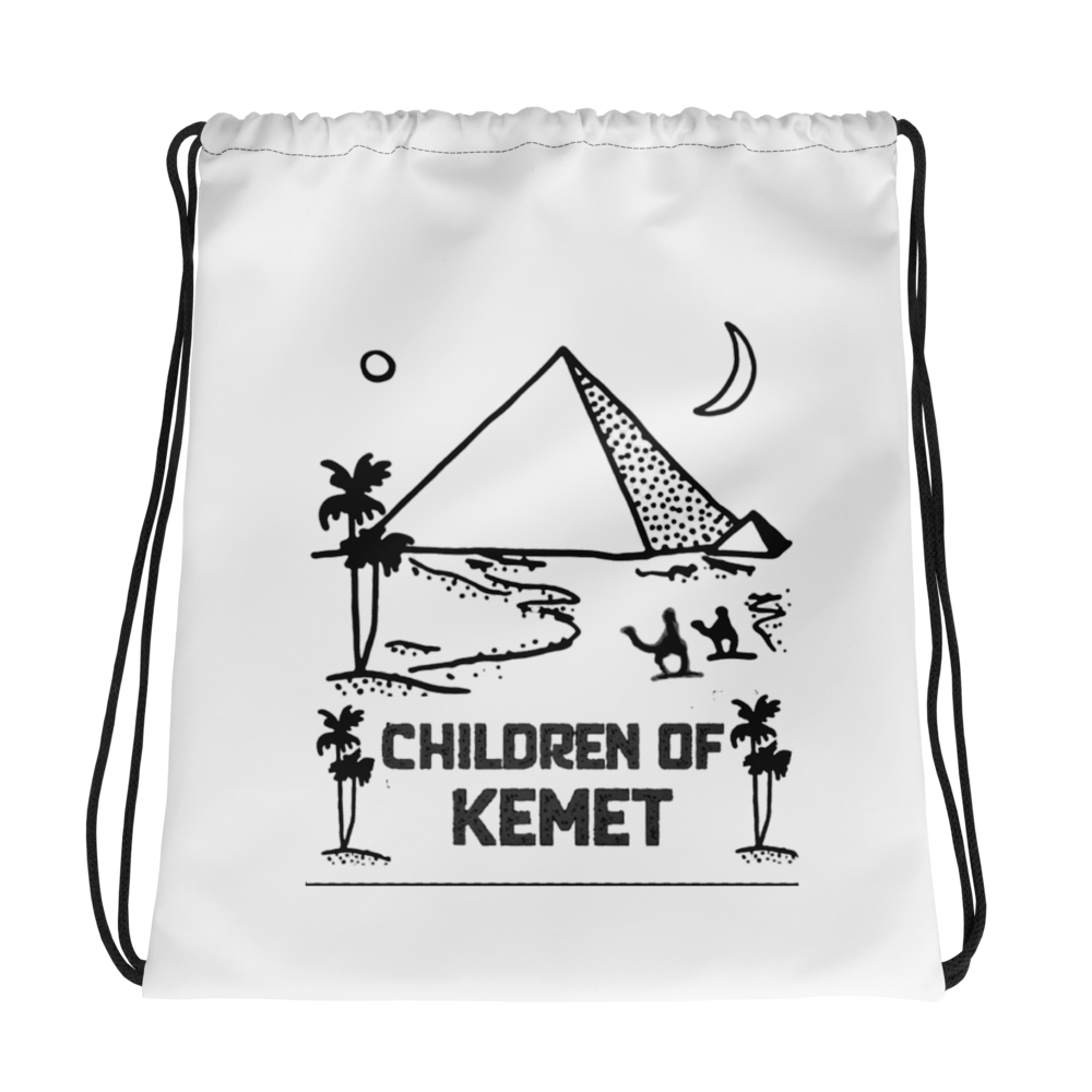 White drawstring bag with black graphics and text 'Children of Kemet' on a white background