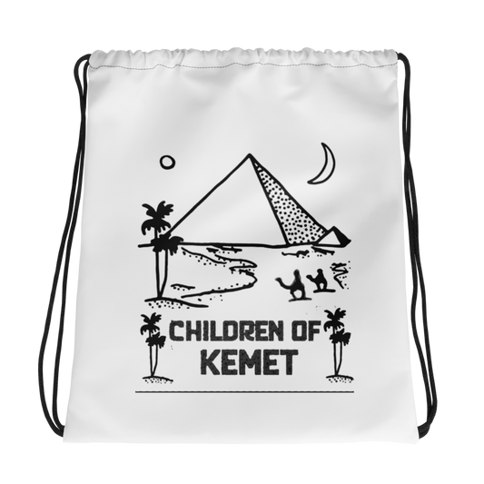White drawstring bag with black graphics and text 'Children of Kemet' on a white background