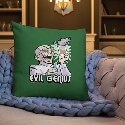 Green pillow with 'Evil Genius' design on a couch