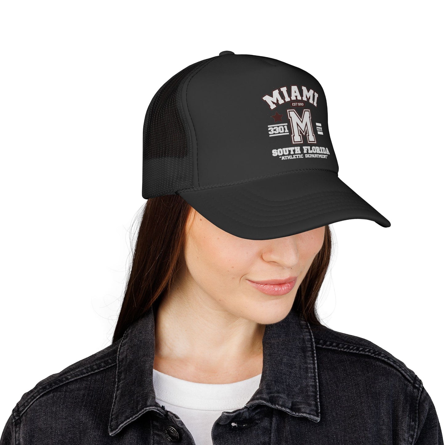 Person wearing a black cap with 'Miami South Florida' text on a white background