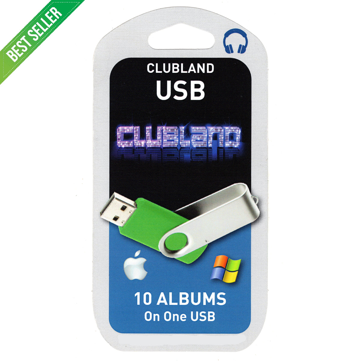 Clubland USB product packaging with USB stick, branding, and promotional text on a white background.