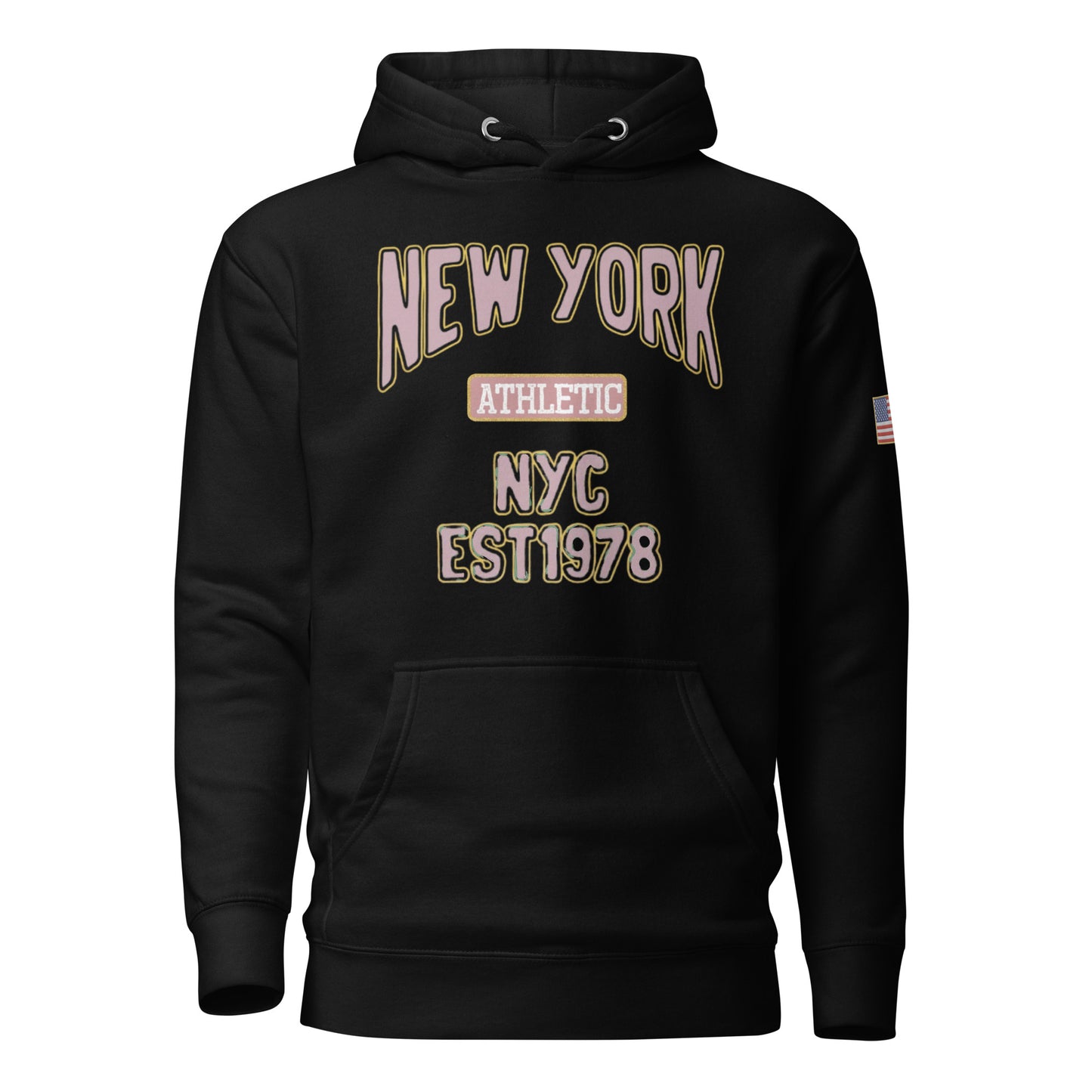 Black hoodie with 'New York Athletic NYC EST 1978' text on a white background