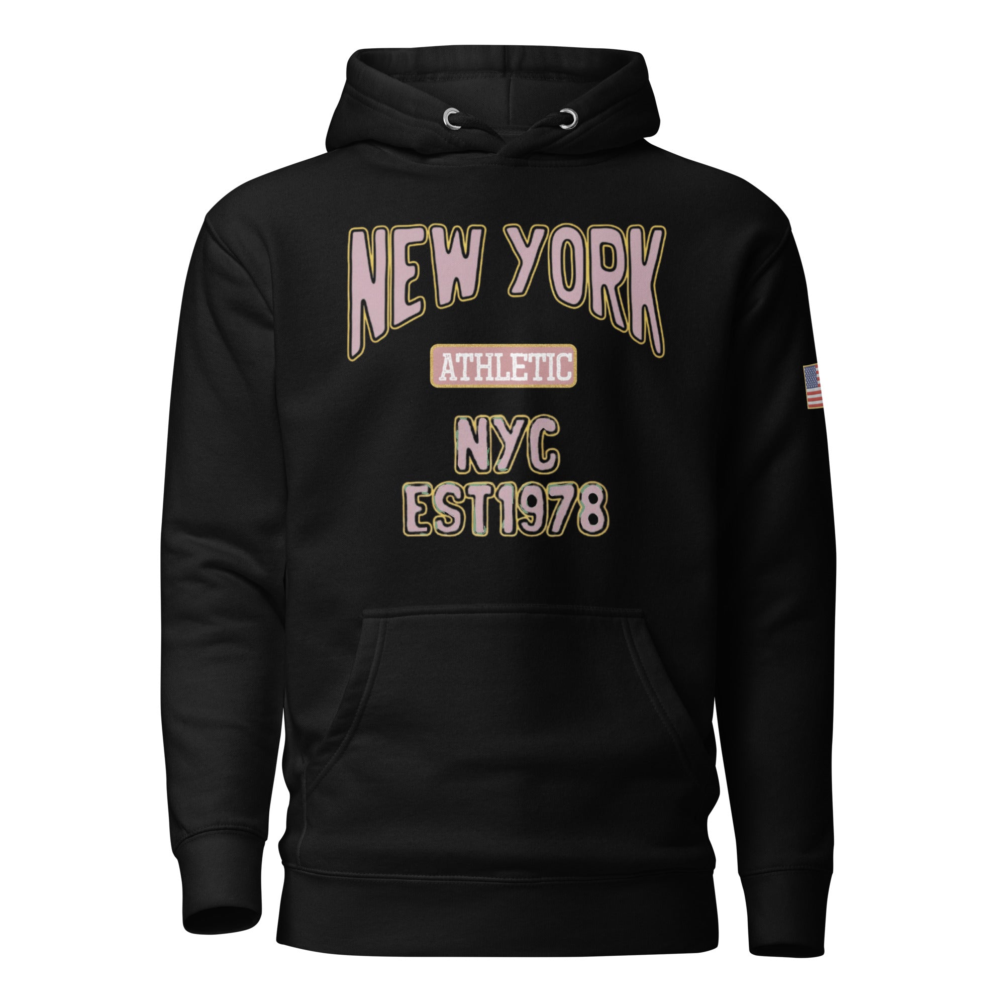 Black hoodie with 'New York Athletic NYC EST 1978' text on a white background