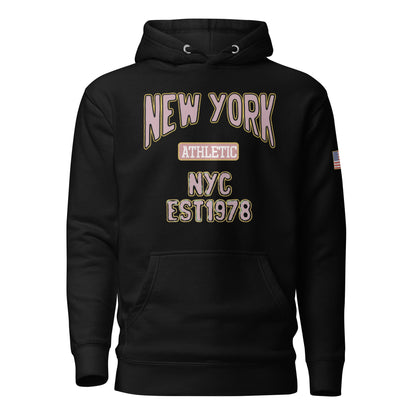 Black hoodie with 'New York Athletic NYC EST 1978' text on a white background