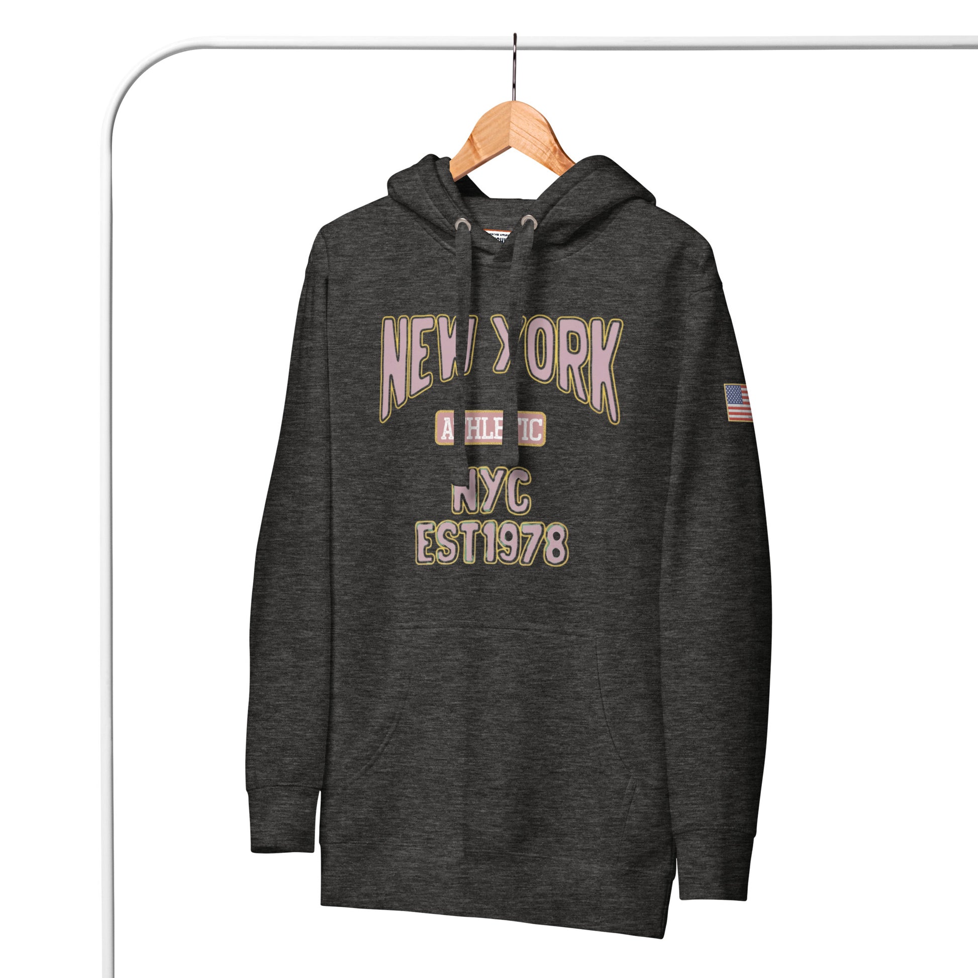 Dark gray hoodie with 'New York' and 'NYC EST 1978' text on a hanger against a white background