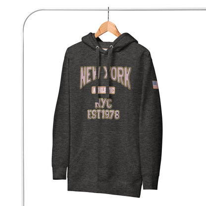 Dark gray hoodie with 'New York' and 'NYC EST 1978' text on a hanger against a white background