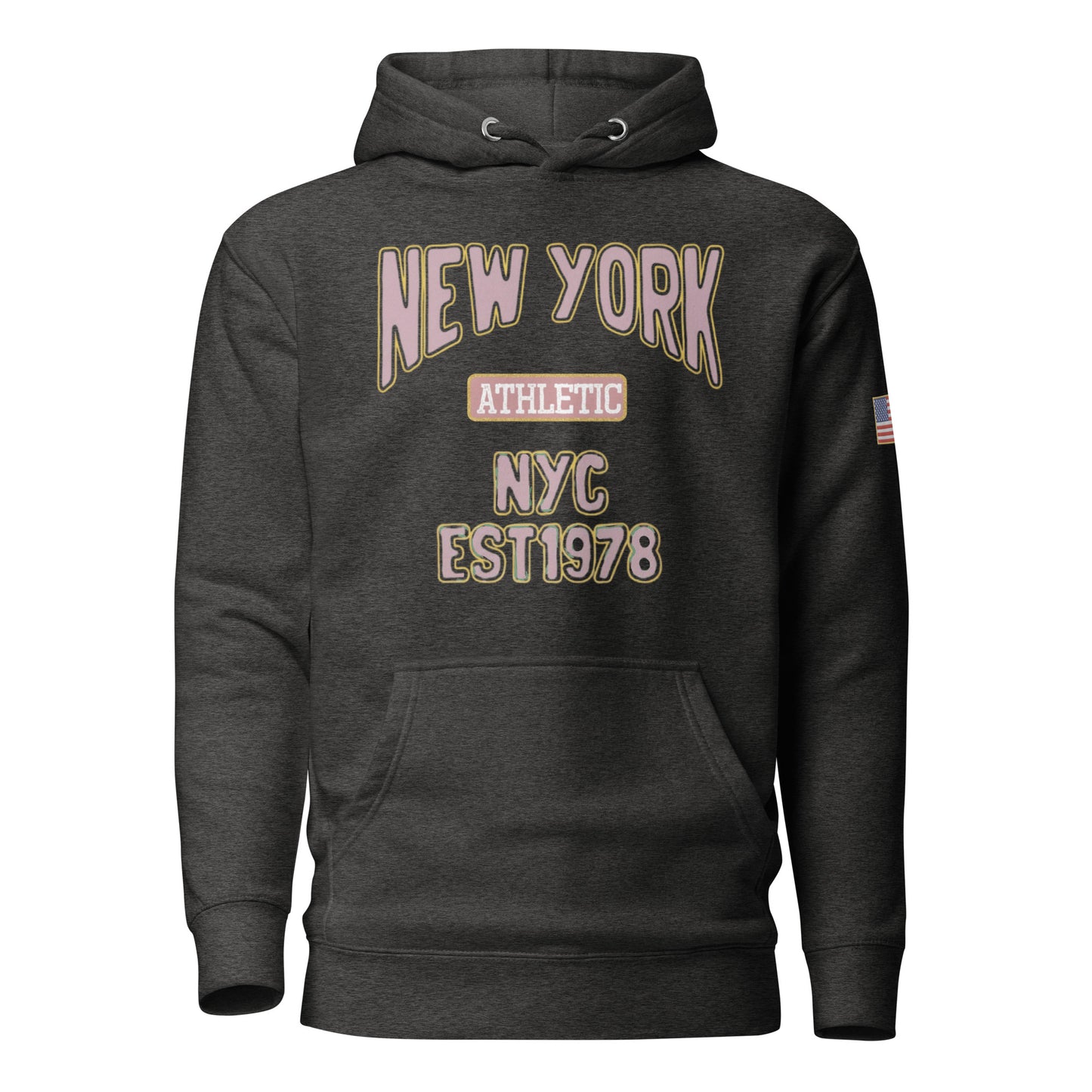 Dark gray hoodie with 'New York Athletic NYC EST 1978' text on a white background