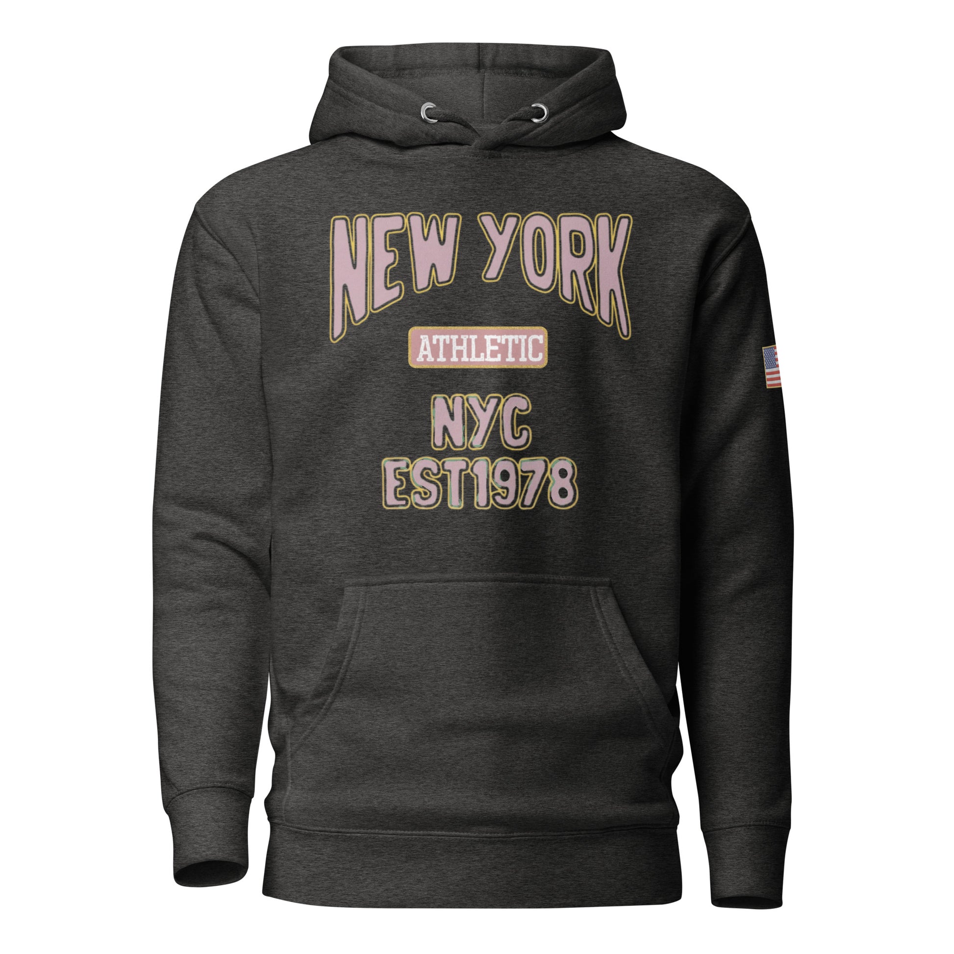 Dark gray hoodie with 'New York Athletic NYC EST 1978' text on a white background