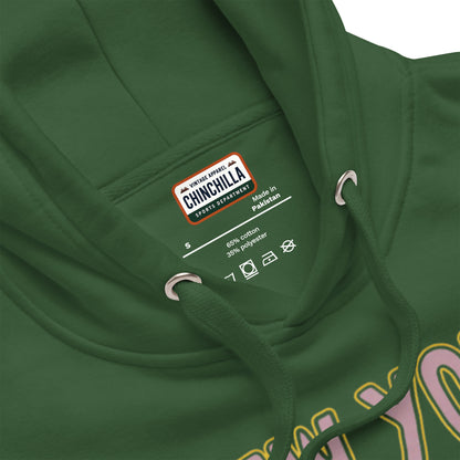 Green hoodie with a brand label on the chest area