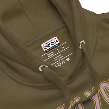 Close-up of a brown hoodie with a brand label on the chest area.