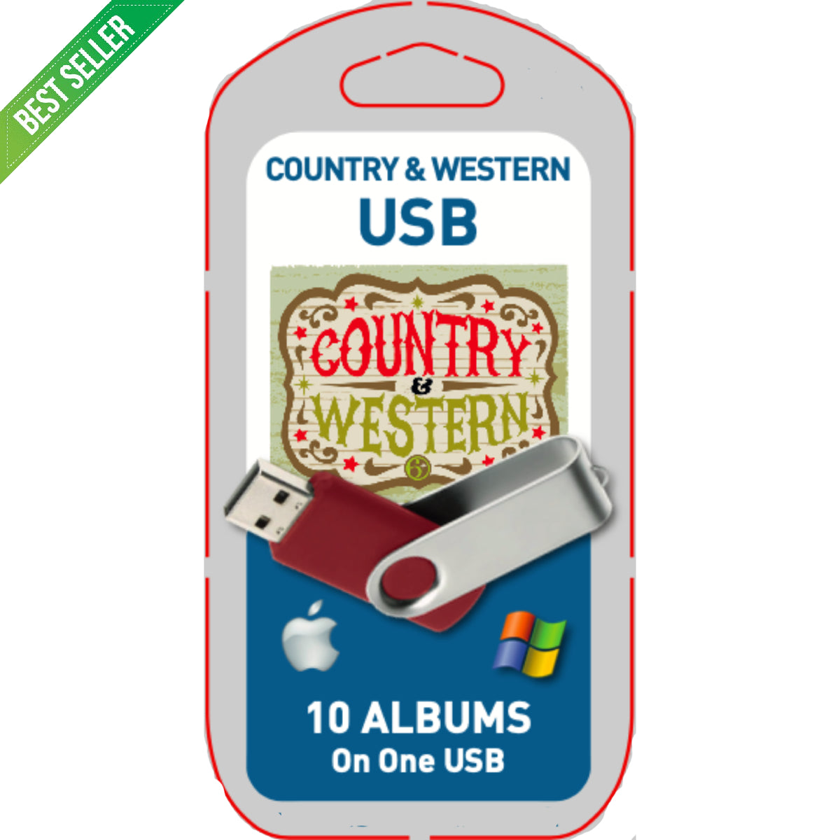 USB drive packaging with 'Country & Western' theme and '10 Albums on One USB' text.