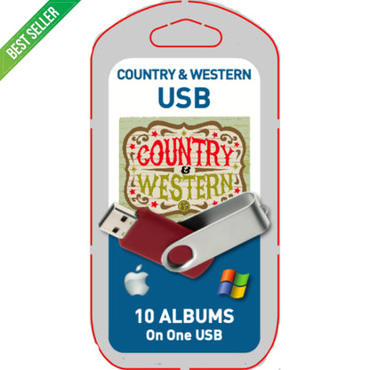 USB drive packaging with 'Country & Western' theme and '10 Albums on One USB' text.