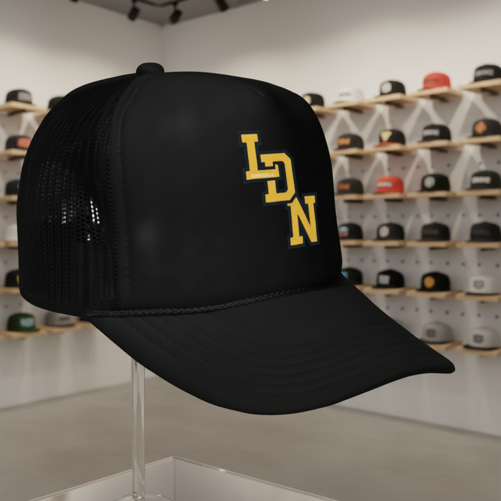 Black trucker cap with yellow logo on a white background